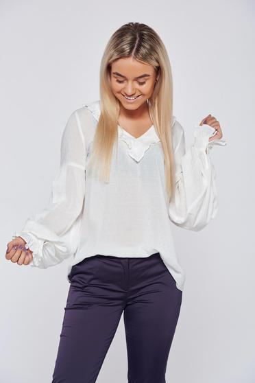 Fehér LaDonna elegáns irodai női blúz fodrozott ujjakkal