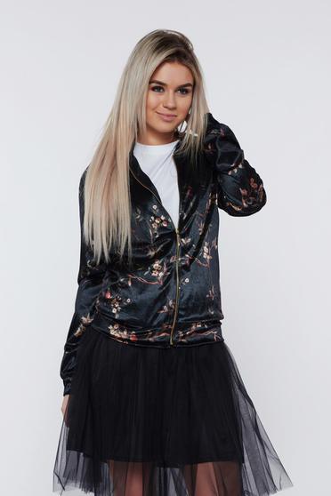 Fekete PrettyGirl hétköznapi virágmintás bársony dzseki