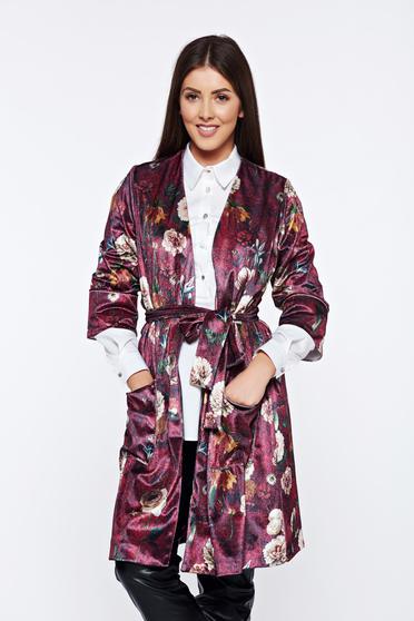 Burgundy PrettyGirl hétköznapi bársony zakó virágmintás díszítéssel