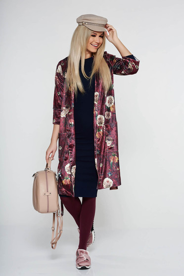 Burgundy PrettyGirl hétköznapi bársony zakó virágmintás díszítéssel