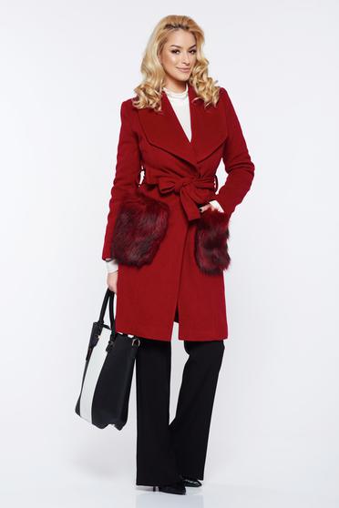 Burgundy LaDonna elegáns gyapjú nagykabát műszőrme résszel