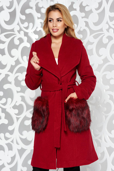 Burgundy LaDonna elegáns gyapjú nagykabát műszőrme résszel