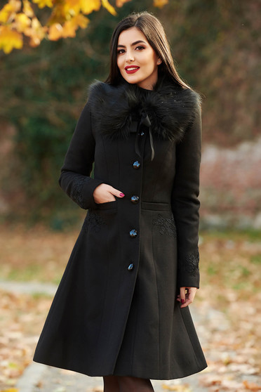 Fekete LaDonna best impulse elegáns hímzett gyapjú belső béléssel nagykabát