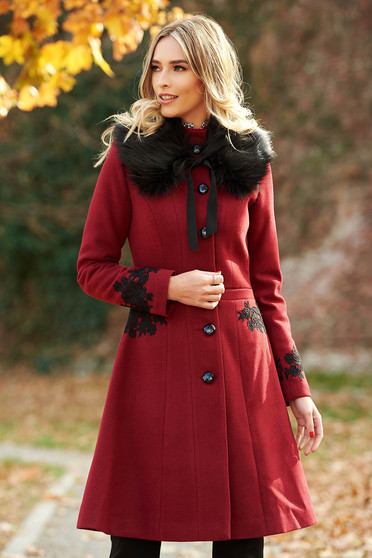 Burgundy LaDonna best impulse elegáns hímzett gyapjú belső béléssel nagykabát