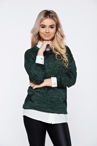 Sötétzöld PrettyGirl hétköznapi kötött bő szabás pulóver nyomtatott mintával