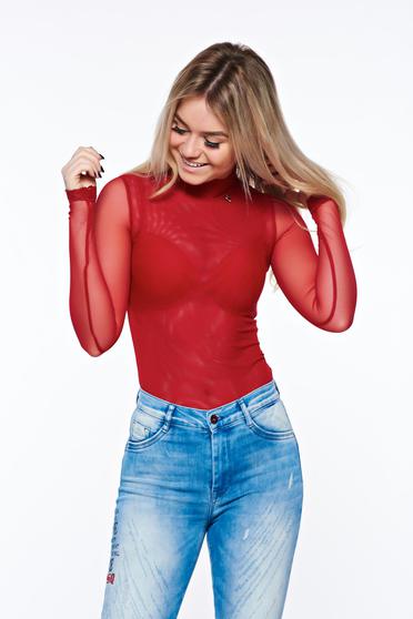 Piros PrettyGirl áttetsző anyag body csipke díszítéssel