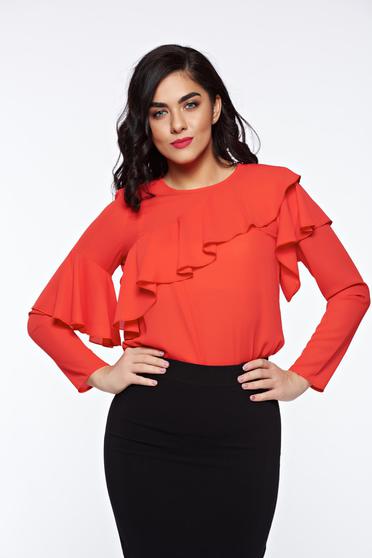 Piros LaDonna elegáns bő szabás női blúz lenge anyagból fodrok a mellrészen