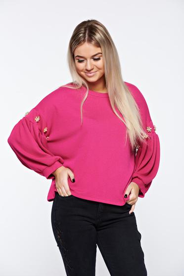 Pink női blúz casual harang ujjakkal bő szabás gyöngy díszítéssel
