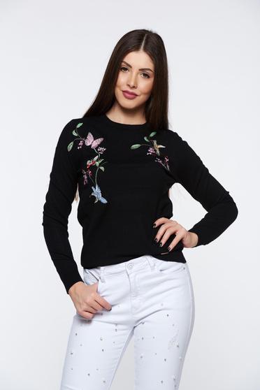 Fekete Top Secret hímzett casual pulóver kötött anyag finom tapintású anyag