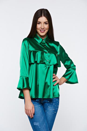 Sötétzöld MissQ elegáns bő szabás női blúz szatén anyagból fodrok a mellrészen