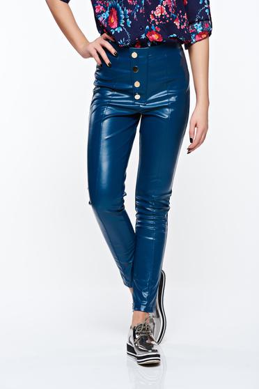 Kék PrettyGirl casual magas derekú kónikus nadrág műbőr