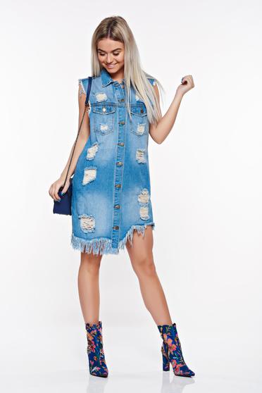 Kék SunShine casual bő szabású ruha nem elasztikus pamut zsebes szakadt