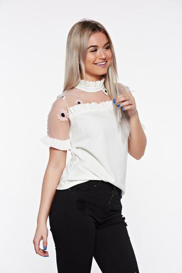 Fehér SunShine bő szabású elegáns hímzett női blúz fodrozott ujjakkal