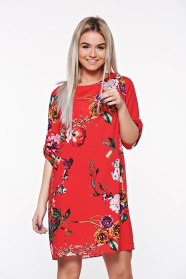 Piros SunShine casual bő szabású ruha lenge anyagból virágmintás díszítéssel
