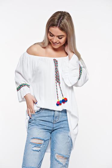 Fehér SunShine casual bő szabású női blúz nem elasztikus pamut zsinórral van ellátva