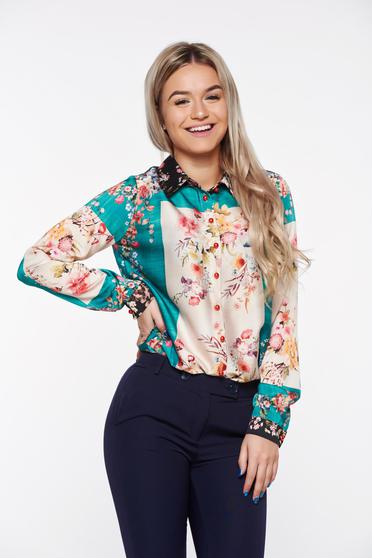 Zöld PrettyGirl elegáns bő szabás női ing szatén anyagból lenge anyagból