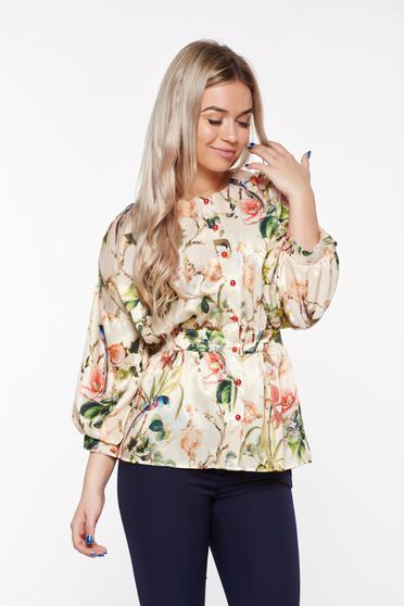 Krém PrettyGirl elegáns női blúz lenge anyagból szatén anyagból derekán fodros