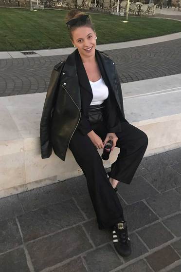 Fekete StarShinerS nadrág casual bővülő magas derekú rugalmas anyag zsebes