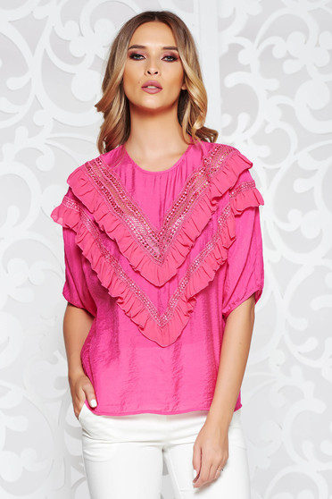 Pink SunShine női blúz casual bő szabású lenge anyagból fodrok a mellrészen bő ujjú
