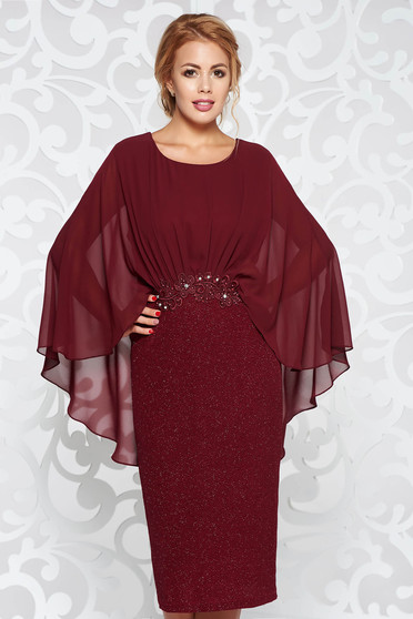Burgundy ruha elegáns ceruza rugalmas anyag belső béléssel csipke díszítéssel gyöngyös díszítés