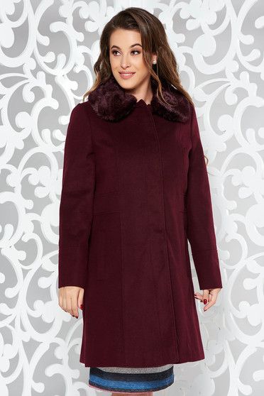 Burgundy elegáns szövet nagykabát karcsusított szabás szőrme gallér