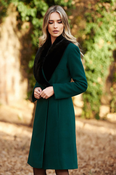 Sötétzöld LaDonna elegáns gyapjú nagykabát karcsusított szabás szőrme gallér