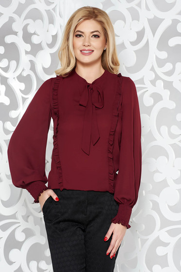 Burgundy LaDonna elegáns bő szabású női blúz fátyol anyag fodros gumis alsó résszel ellátott ujjak