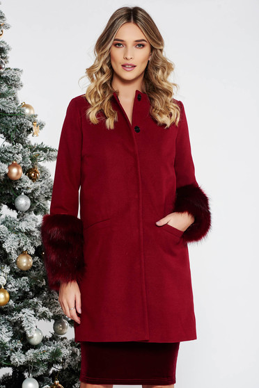 Burgundy LaDonna elegáns egyenes gyapjú nagykabát műszőrme berakások