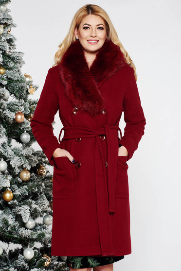 Burgundy LaDonna elegáns egyenes gyapjú nagykabát szőrme gallér