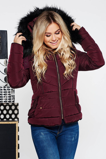 Burgundy casual rövid vízhatlan dzseki belső béléssel a kapucni nem távolítható el műszőrme