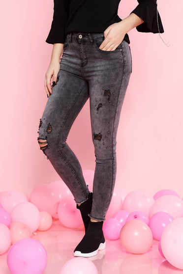 Sötétszürke SunShine casual pamutból készült skinny farmer gyöngyös díszítés zsebes